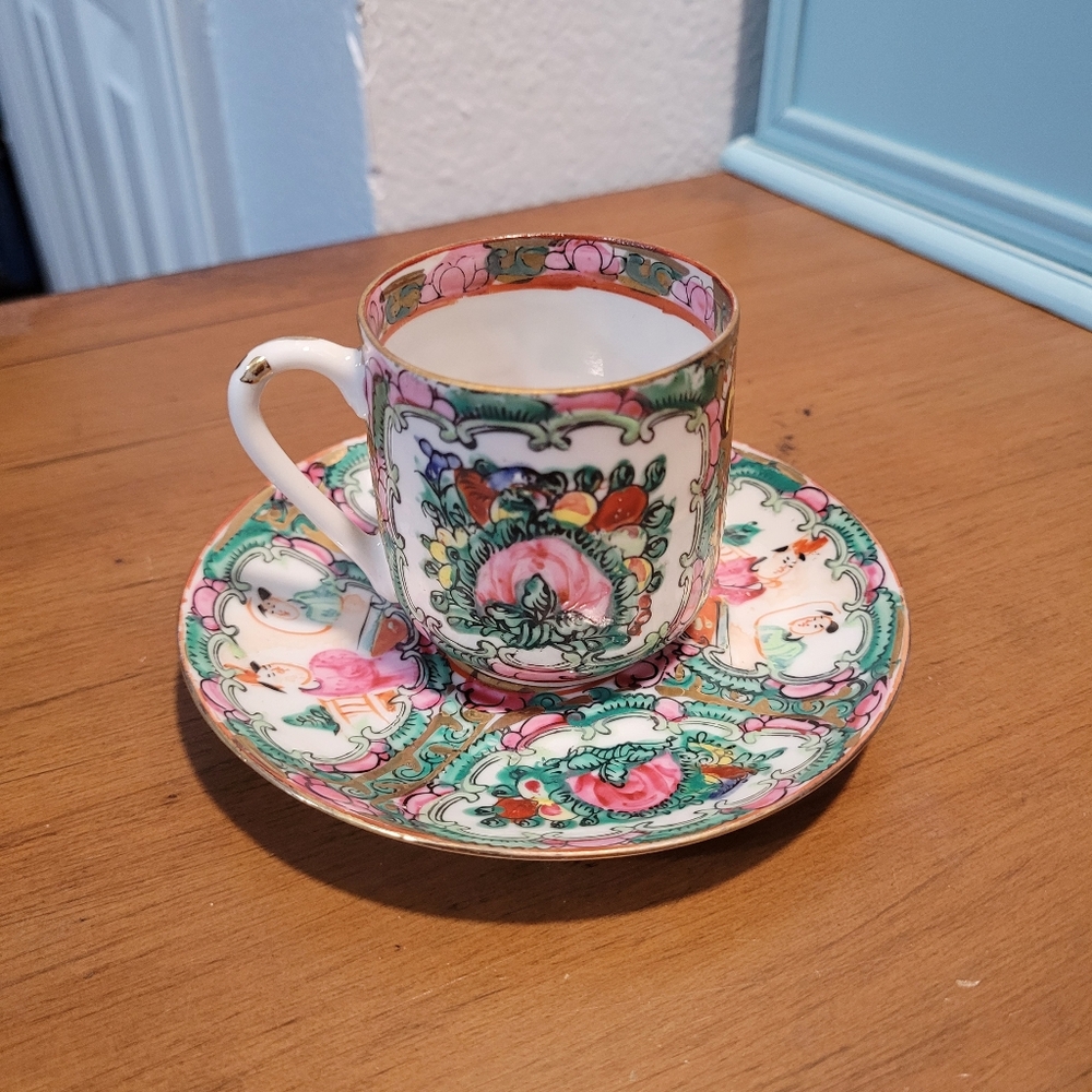Vintage Handpainted Eggshell Chinese Porcelain Mini Teacup with Saucer